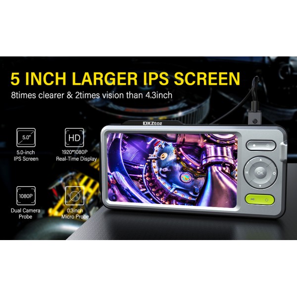 Dual Lens 5” IPS Screen Waterproof Semi-Rigid 50FT Tube Industrial Borescope